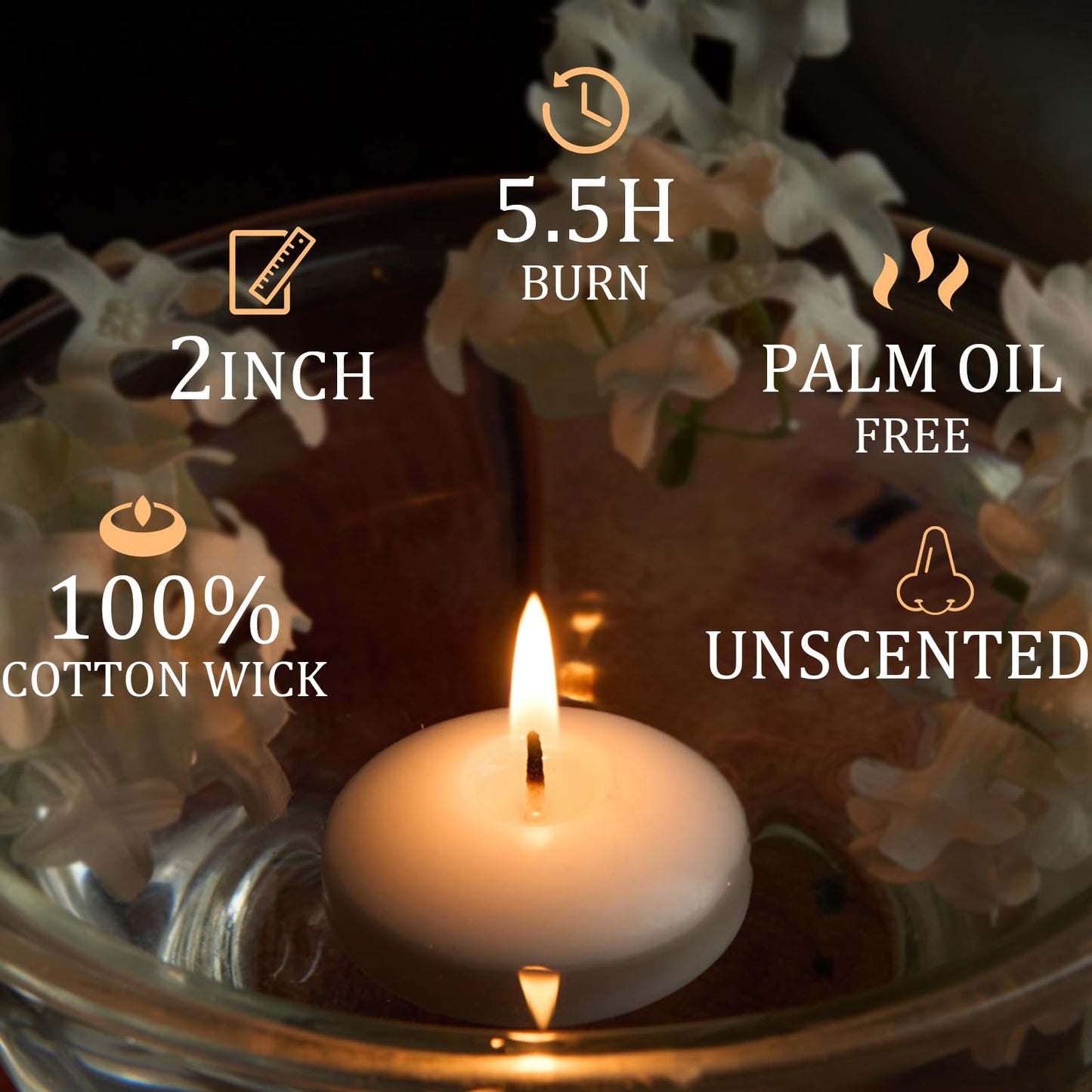 DILILILI 20 Pack Unscented Floating Candles 2 inch, White Floating Candles for Centerpieces with 5+ Hours Long Burn Time, Dripless Wax Discs Smokeless Floating Candles for Holiday, Weddings,Home